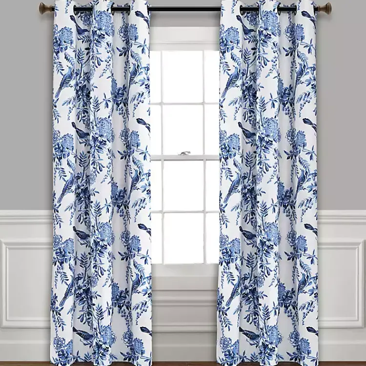 Curtains & Drapes-Kirklands Home White and Blue Grommet Curtain Panel Set, 84 in.