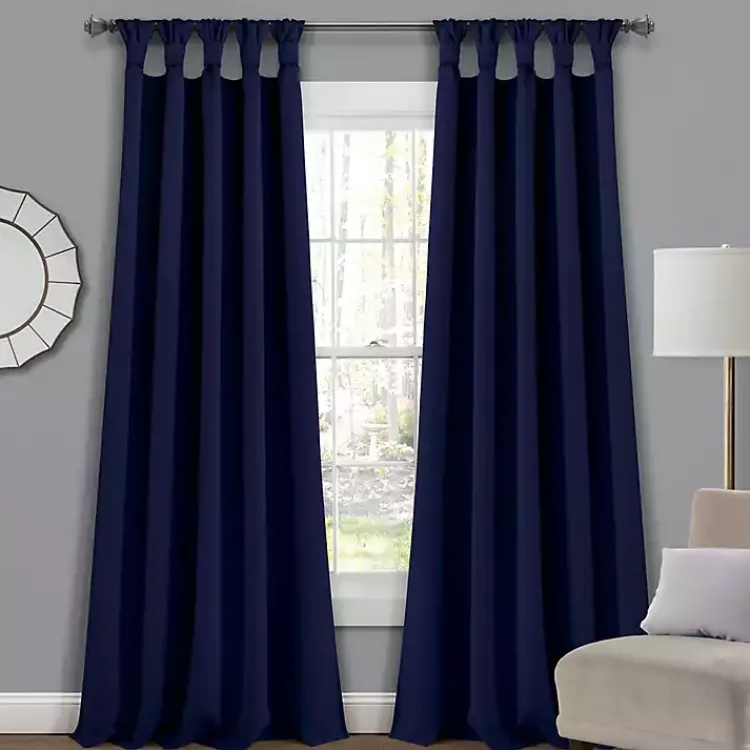 Curtains & Drapes-Kirklands Home Navy Knotted Curtain Panel Set, 84 in. Blue