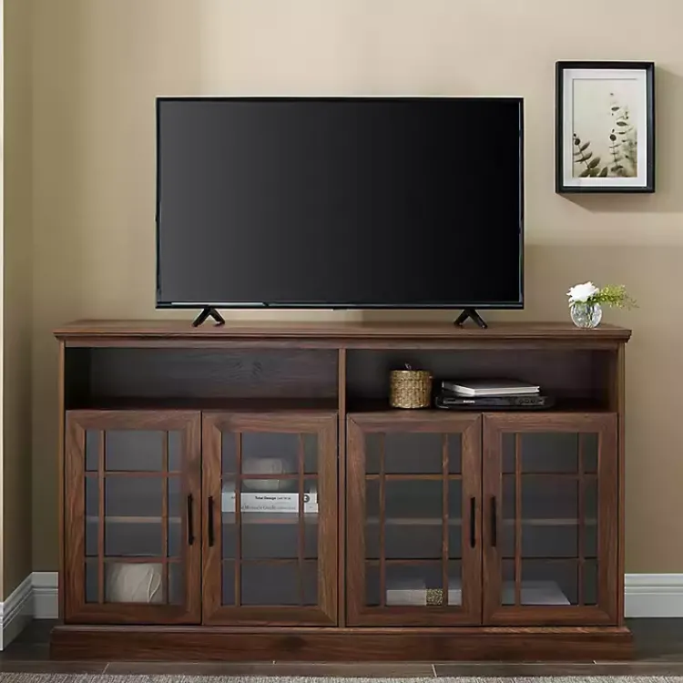 Tv Stands & Media Consoles-Kirklands Home Dark Walnut Glass Door Classic TV Stand Brown