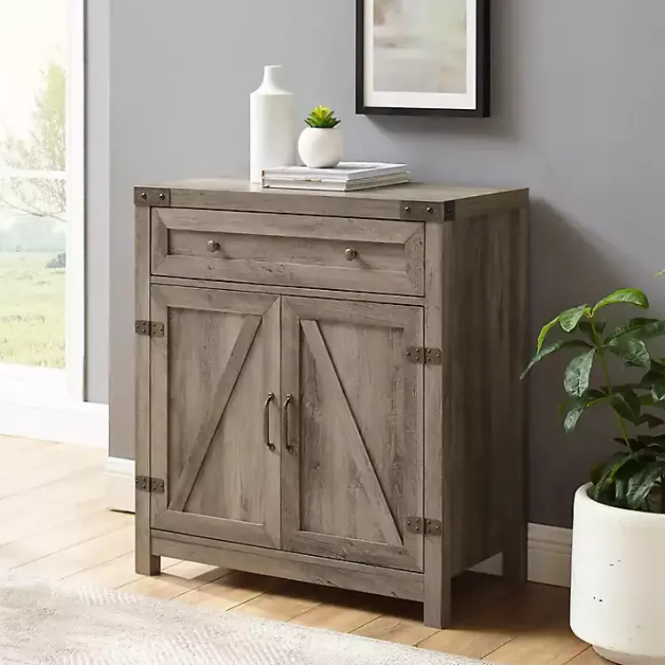 Cabinets & Sideboards-Kirklands Home Wash Wooden and Metal Barn Door Cabinet Gray