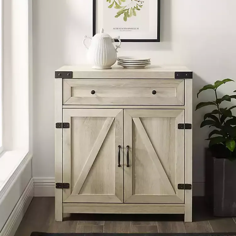 Cabinets & Sideboards-Kirklands Home Oak Wash Wooden and Metal Barn Door Cabinet White