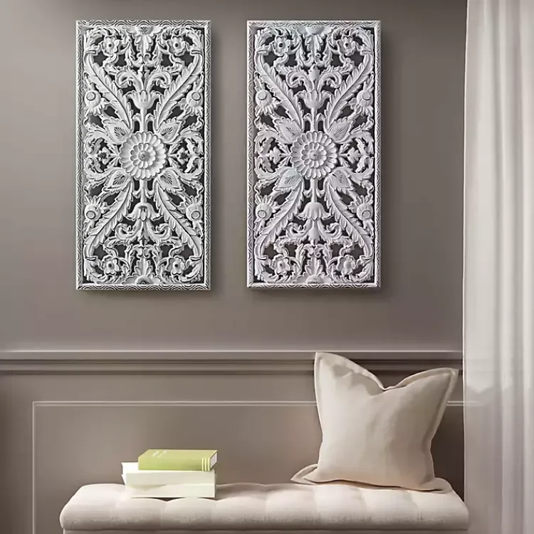 Wall Plaques-Kirklands Home Botanical Wood Carved Panel Wall Plaques, Set of 2 White