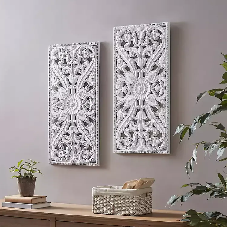 Wall Plaques-Kirklands Home Botanical Wood Carved Panel Wall Plaques, Set of 2 White