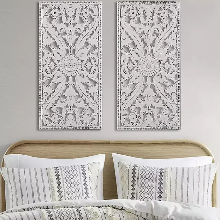 Wall Plaques-Kirklands Home Botanical Wood Carved Panel Wall Plaques, Set of 2 White