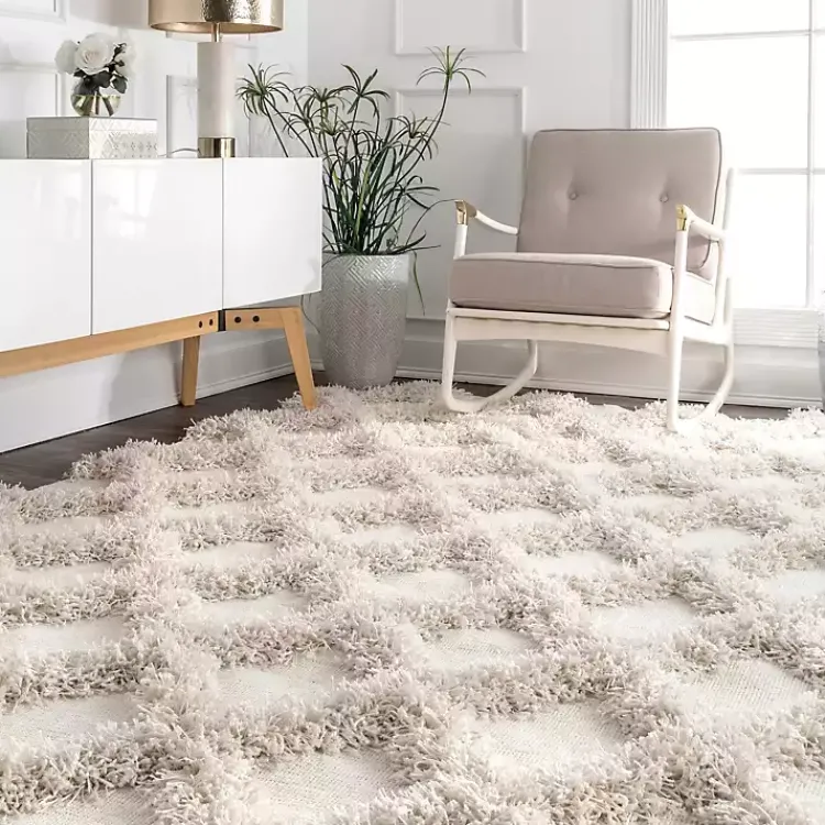 Area Rugs-Kirklands Home Francis Diamond Shaggy Area Rug, 6x9 White