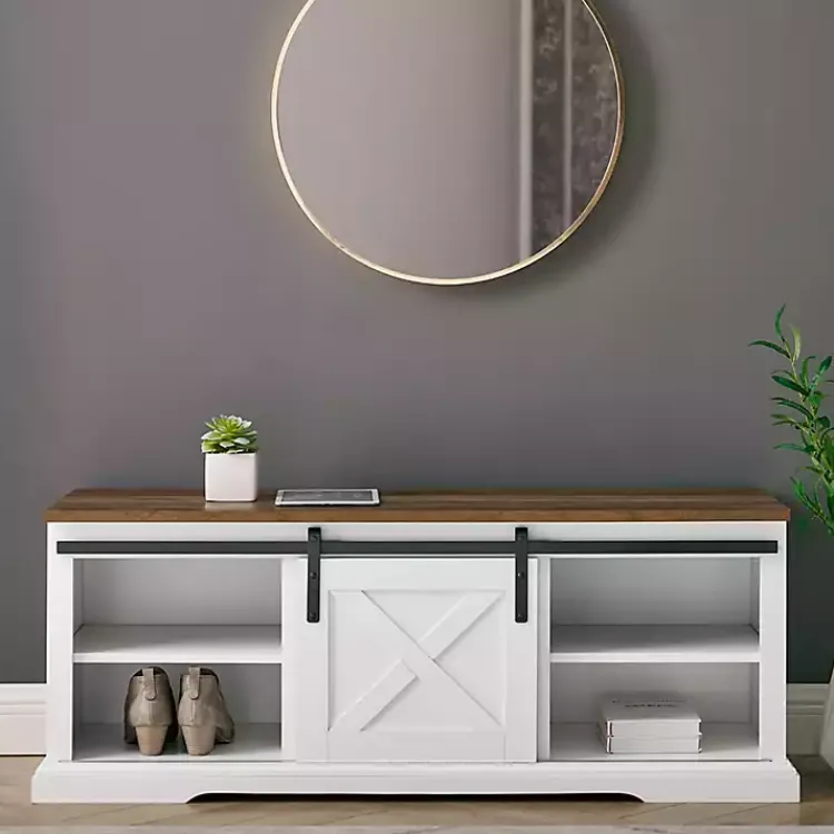Entryway Furniture-Kirklands Home Sliding Barn Door Bench White