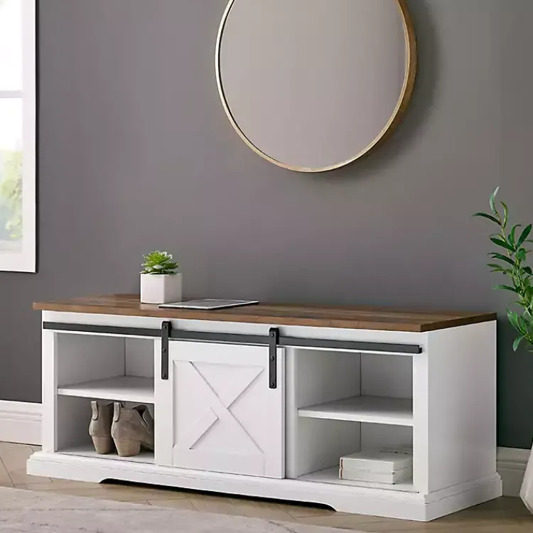 Entryway Furniture-Kirklands Home Sliding Barn Door Bench White