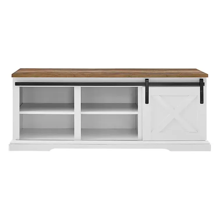 Entryway Furniture-Kirklands Home Sliding Barn Door Bench White