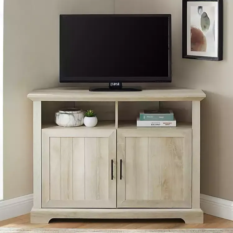 Tv Stands & Media Consoles-Kirklands Home White Oak Grooved Door Corner TV Stand Ivory
