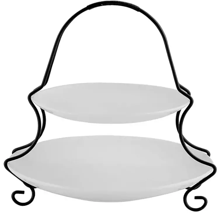 Serving & Entertaining-Kirklands Home Ceramic 2 Tiered Serving Set with Metal Rack White
