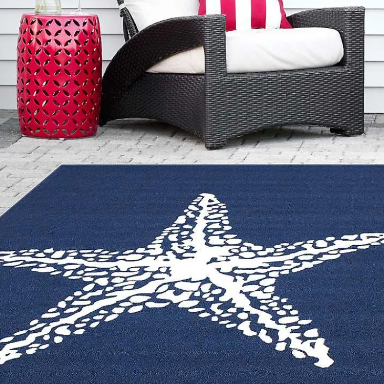 Outdoor Rugs-Kirklands Home Navy Starfish Hooked Indoor/Outdoor Area Rug, 5x8