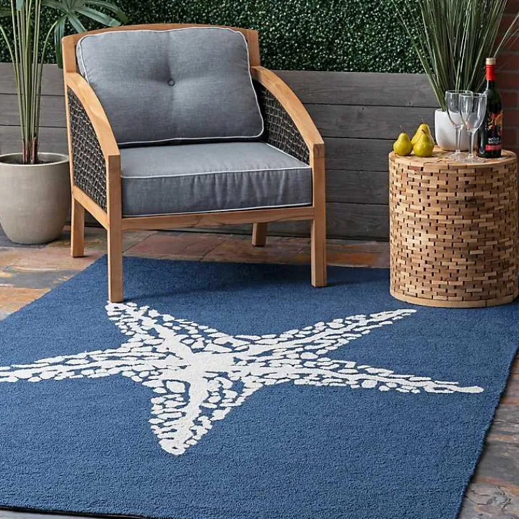 Outdoor Rugs-Kirklands Home Navy Starfish Hooked Indoor/Outdoor Area Rug, 7x9