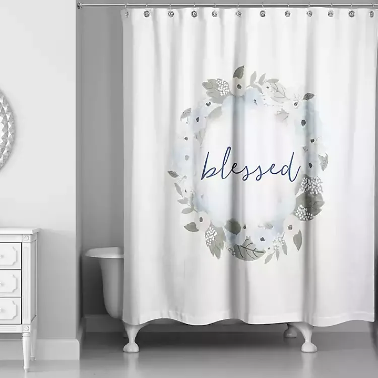 Shower Curtains-Kirklands Home Blue Blessed Floral Wreath Shower Curtain White
