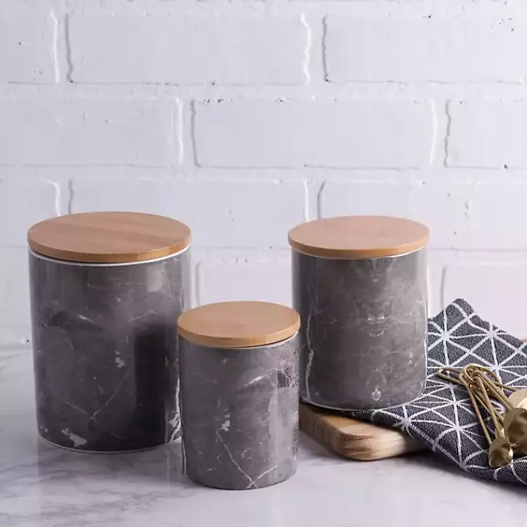 Kitchen Storage-Kirklands Home Black Marble Ceramic Canisters, Set of 3