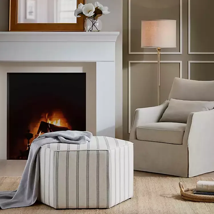 Benches & Ottomans-Kirklands Home Ellen Navy Stripe Martha Stewart Cocktail Ottoman Ivory