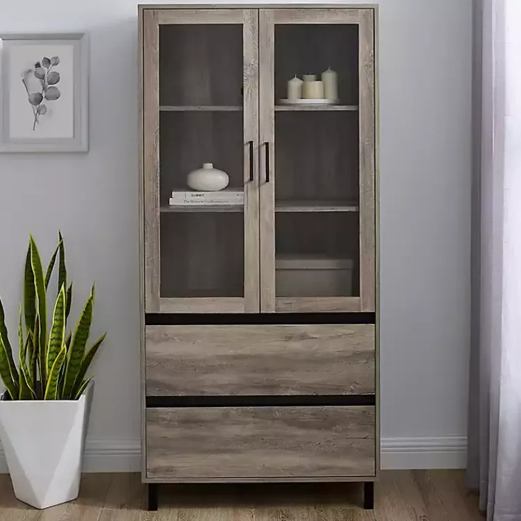 Cabinets & Sideboards-Kirklands Home Wash Glass Door Storage Hutch Gray