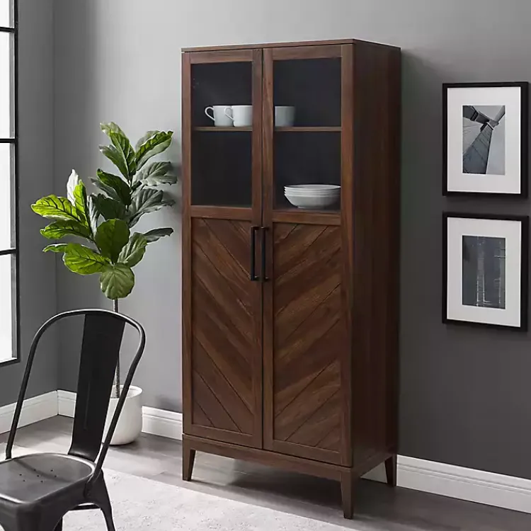 Cabinets & Sideboards-Kirklands Home Dark Walnut Chevron Wooden Storage Cabinet Brown