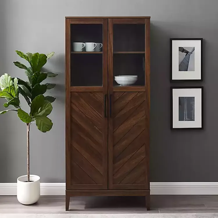 Cabinets & Sideboards-Kirklands Home Dark Walnut Chevron Wooden Storage Cabinet Brown