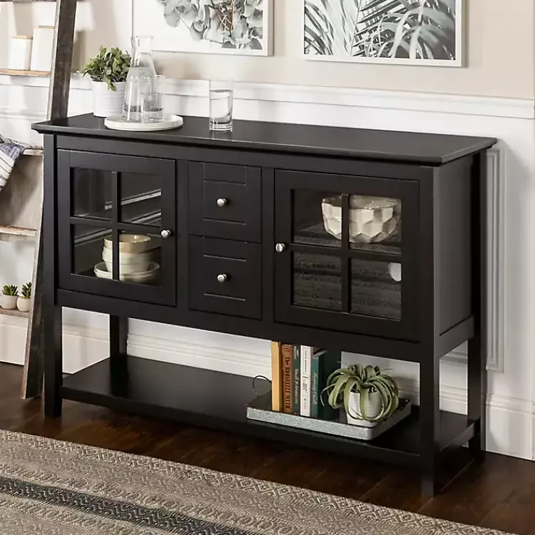 Cabinets & Sideboards-Kirklands Home Wood and Glass Buffet Cabinet Black