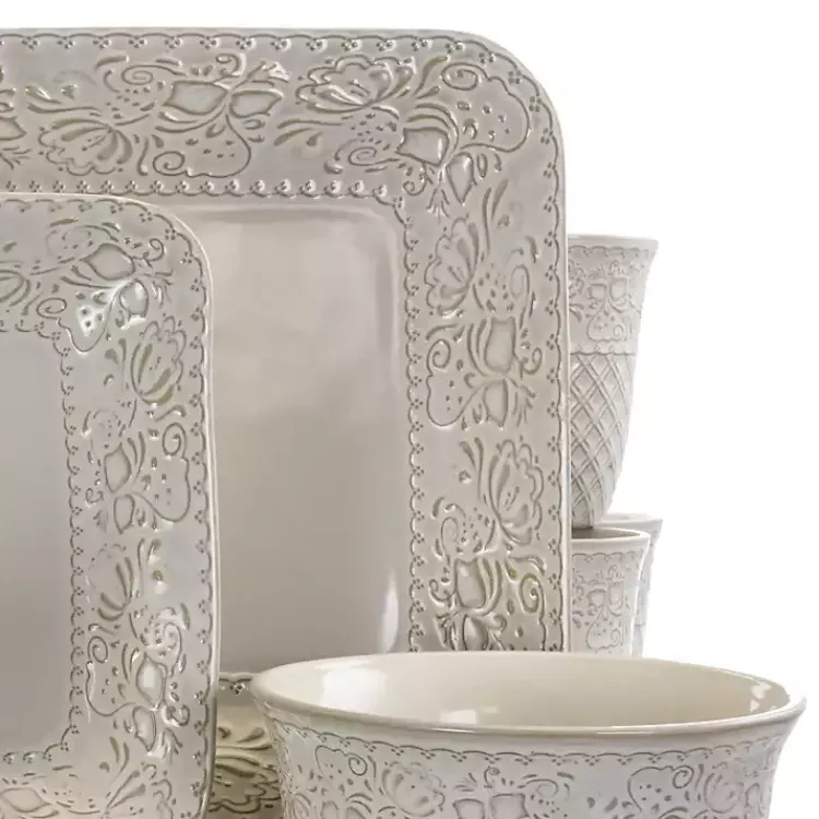 Dinnerware-Kirklands Home Cream Lotus Pattern 16-pc. Square Dinnerware Set Ivory