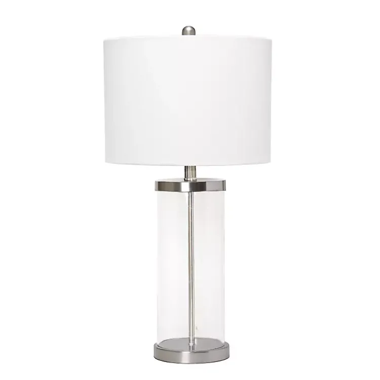 Table Lamps-Kirklands Home Clear Glass and Nickel Cylindrical Table Lamp White