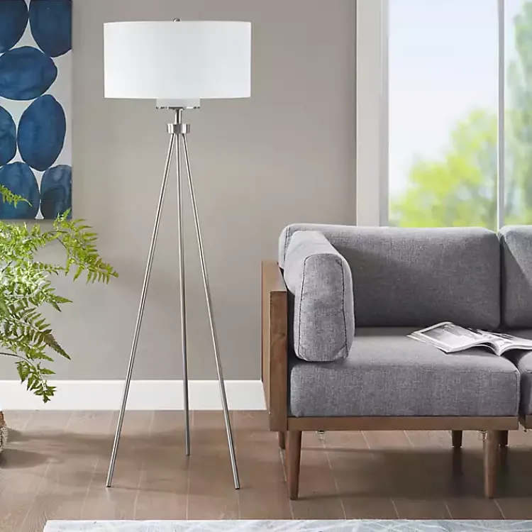 Floor Lamps-Kirklands Home Silver Metal Tripod Floor Lamp White