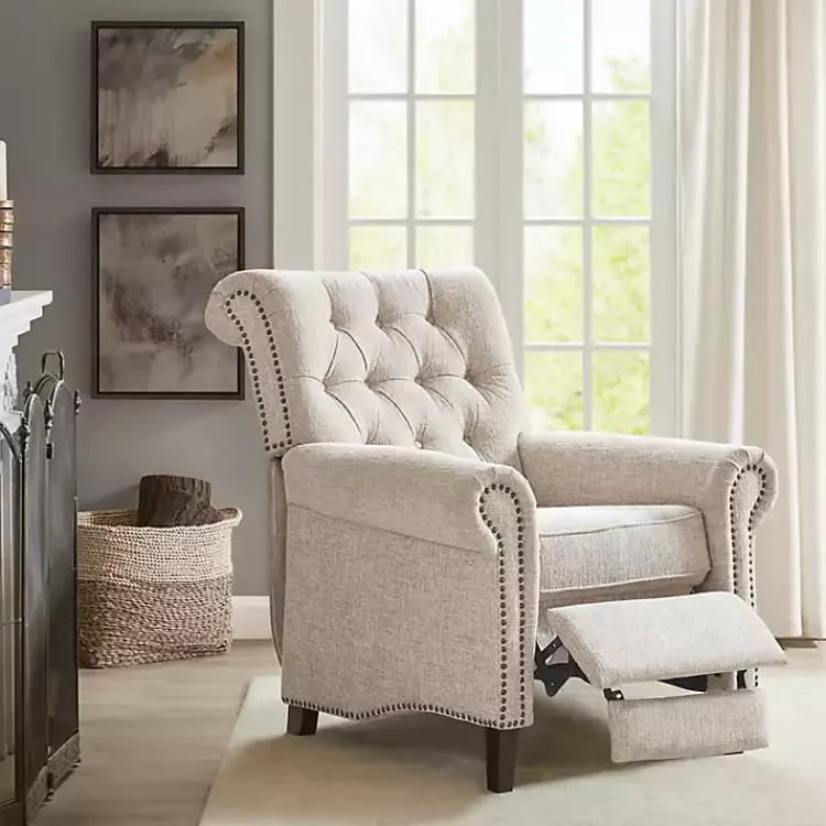 Accent Chairs-Kirklands Home Cream Tufted Back Nailhead Trim Recliner Armchair Ivory
