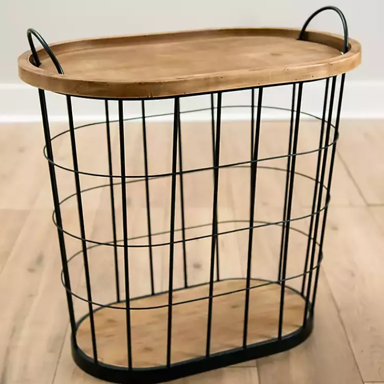 Accent & End Tables-Kirklands Home Wire and Natural Wood Basket Side Table Black