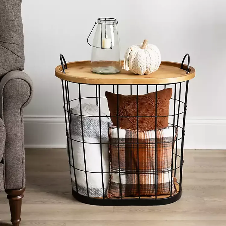 Accent & End Tables-Kirklands Home Wire and Natural Wood Basket Side Table Black