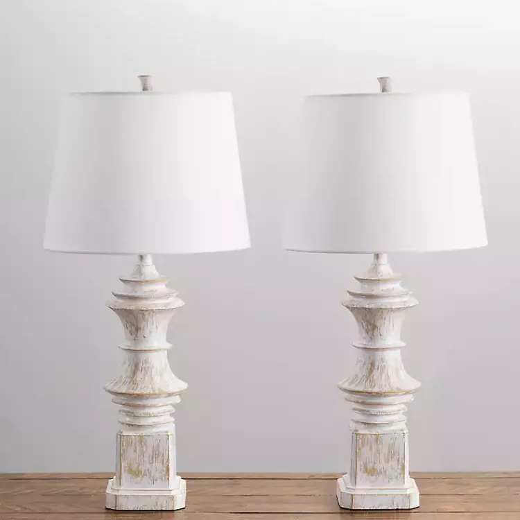 Table Lamps-Kirklands Home Distressed Cream Carved Table Lamps, Set of 2 White