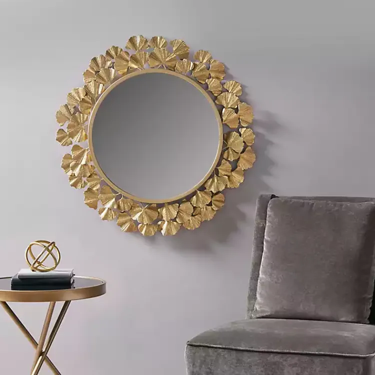 Decorative Mirrors-Kirklands Home Gold Foil Leaf Framed Round Wall Mirror