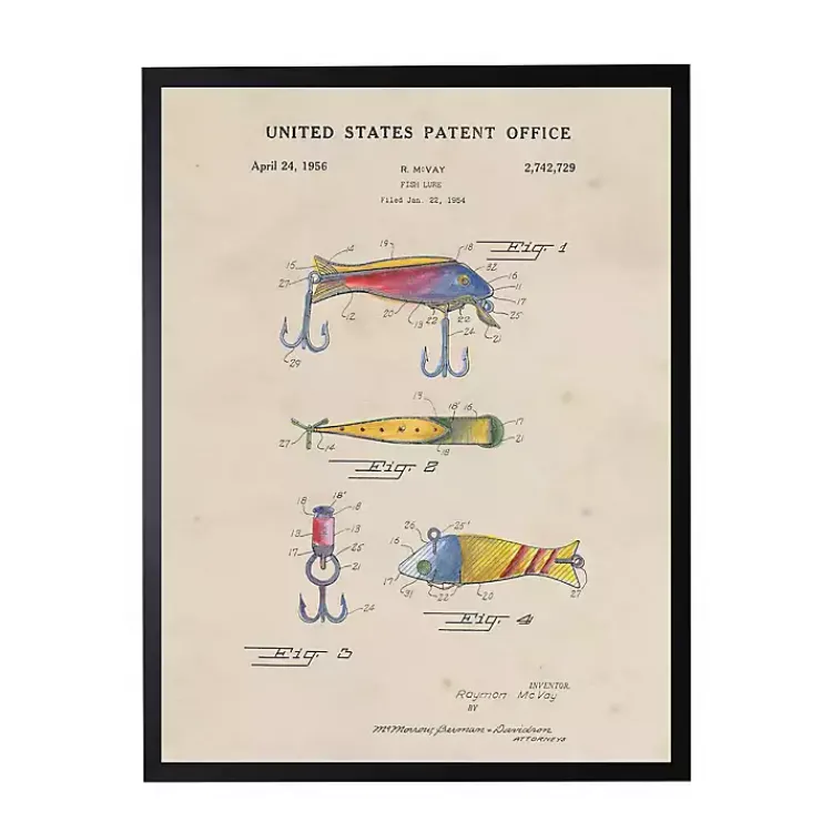 Framed Art-Kirklands Home Watercolor Fish and Lure Patent Framed Art Print Multi