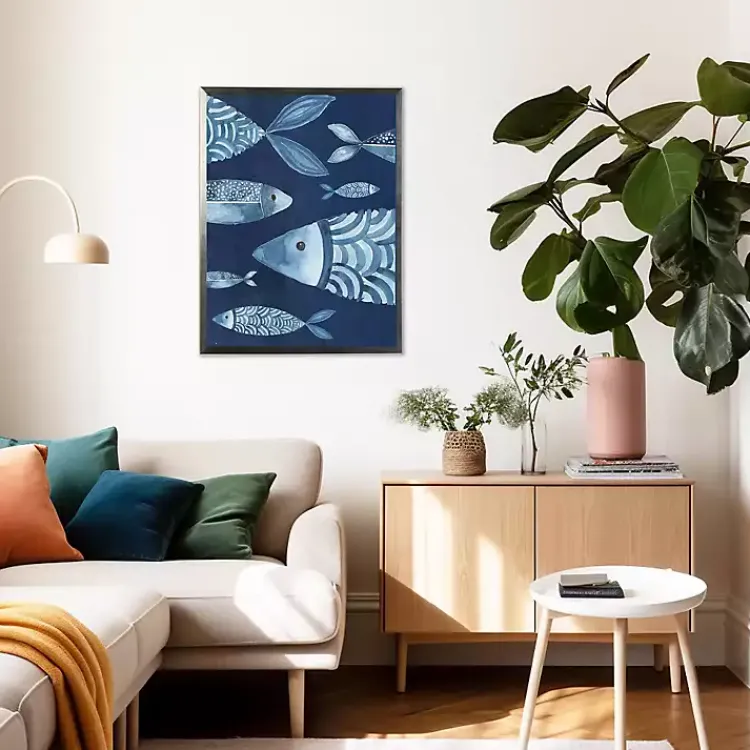 Framed Art-Kirklands Home Navy and Teal Distressed Fish Framed Art Print Blue