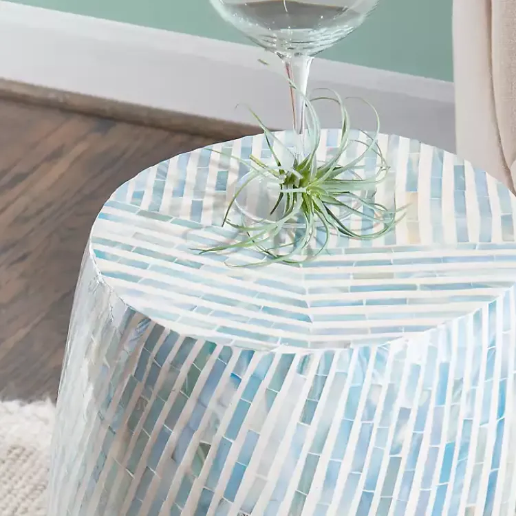 Accent & End Tables-Kirklands Home Blue and White Mosaic Capiz Shell Drum End Table