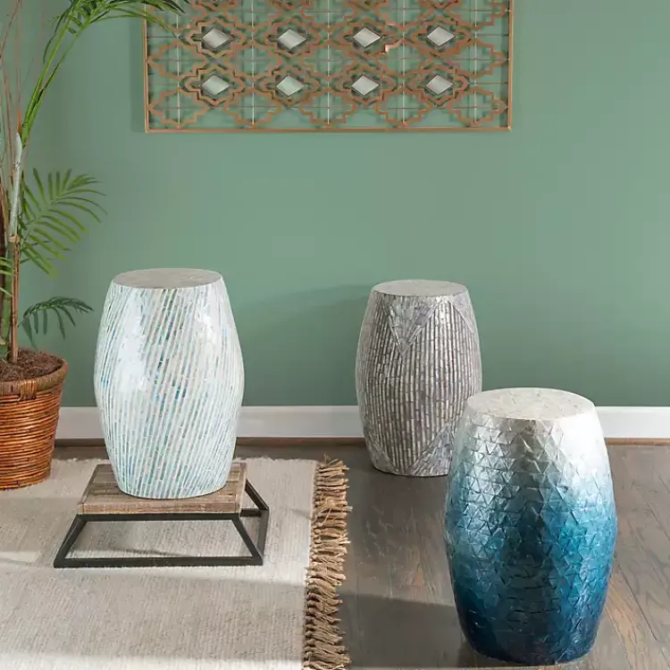 Accent & End Tables-Kirklands Home Blue Ombre Mosaic Capiz Shell Drum End Table