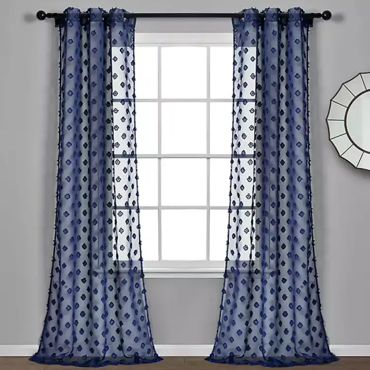 Curtains & Drapes-Kirklands Home Sheer Navy Dotted Curtain Panel Set, 84 in. Blue