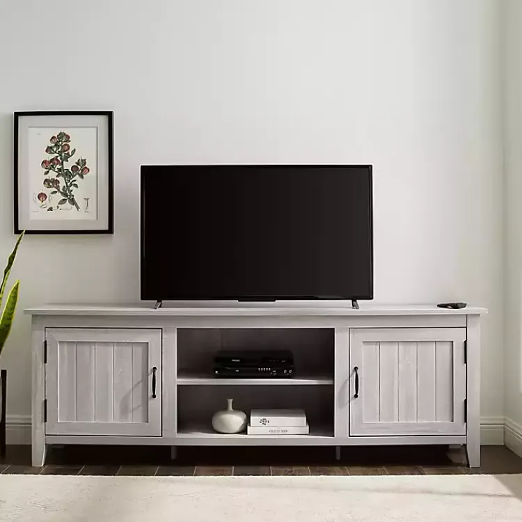 Tv Stands & Media Consoles-Kirklands Home Stone Grooved Door Modern Farmhouse TV Stand Gray