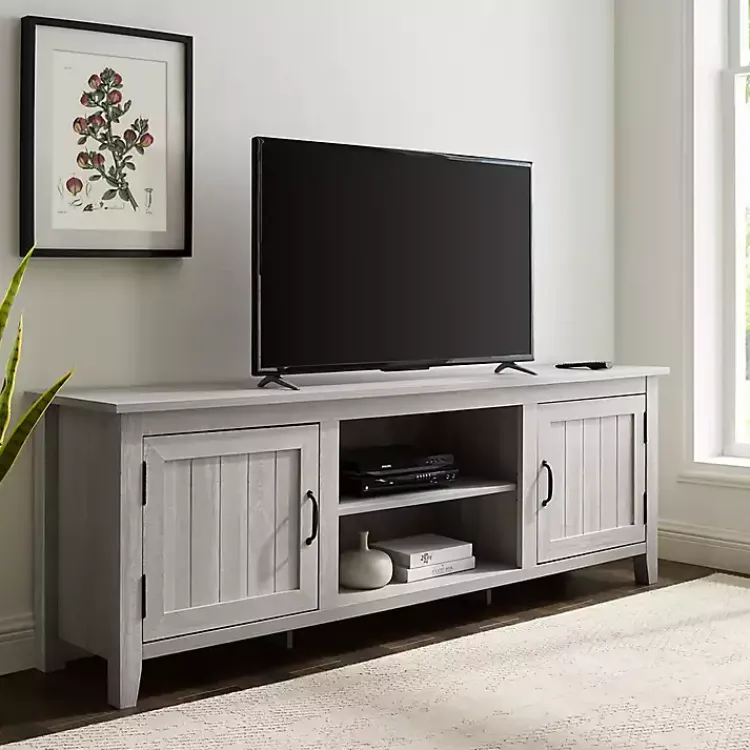 Tv Stands & Media Consoles-Kirklands Home Stone Grooved Door Modern Farmhouse TV Stand Gray
