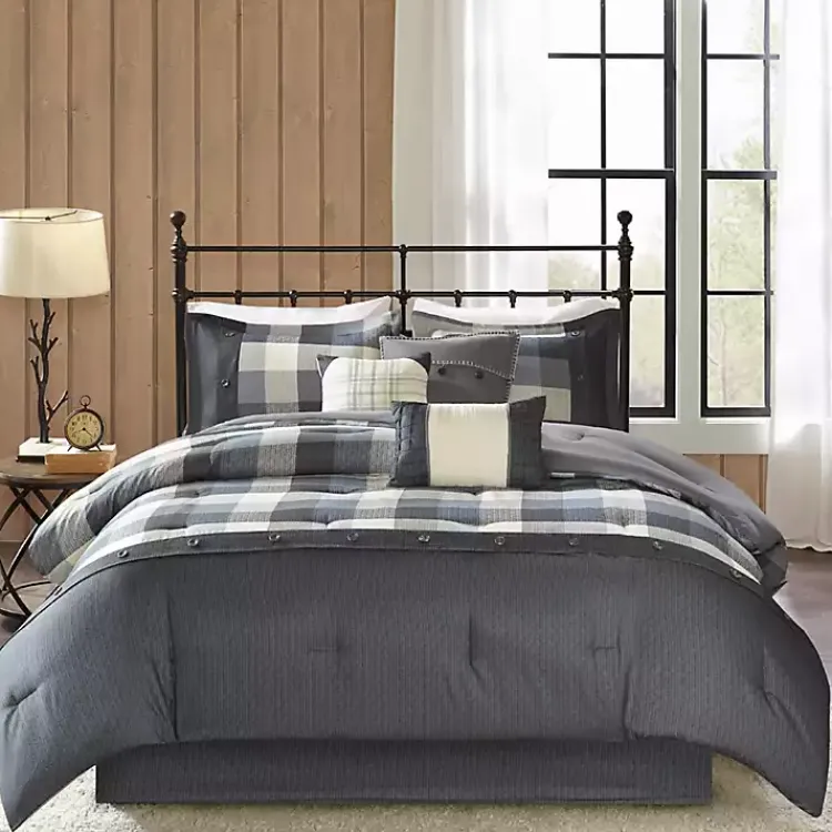 Comforters-Kirklands Home Gray Buffalo Herringbone Queen 7-pc. Comforter Set