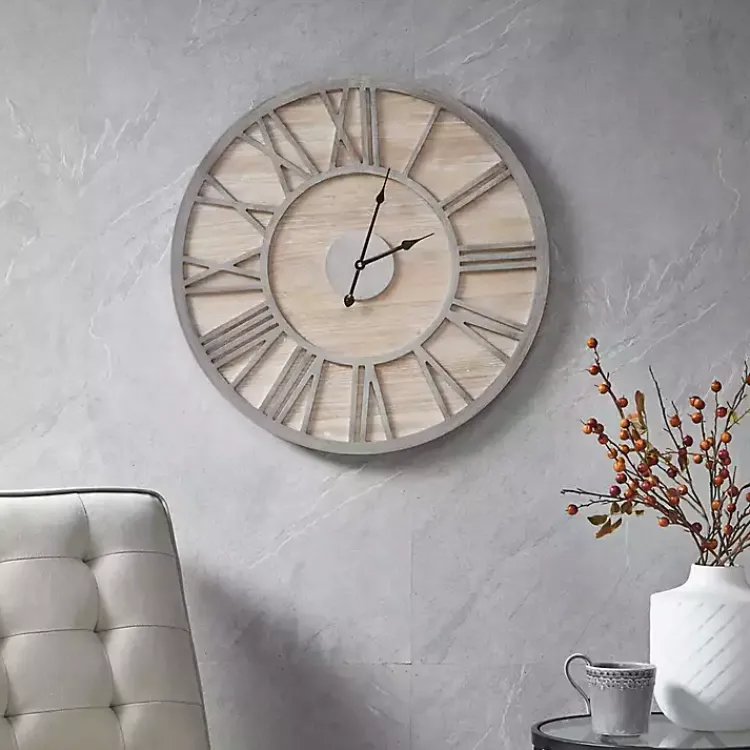 Clocks-Kirklands Home Round Gray and Natural Wooden Wall Clock