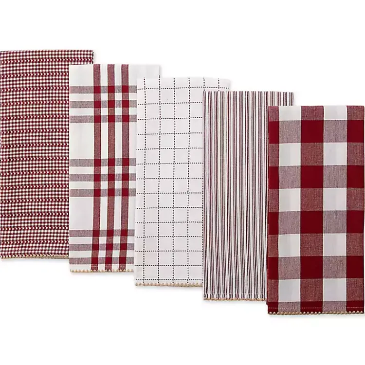 Kitchen Accessories-Kirklands Home Red & White Woven Patterns 5-pc. Dish Towel Set
