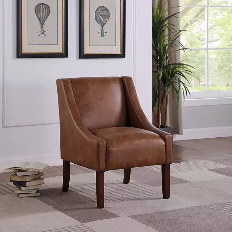 Accent Chairs-Kirklands Home Vintage Faux Leather Swoop Accent Chair Brown