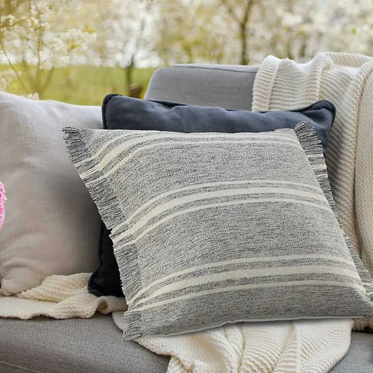 Outdoor Cushions & Pillows-Kirklands Home Gray and White Triple Stripe Outdoor Pillow