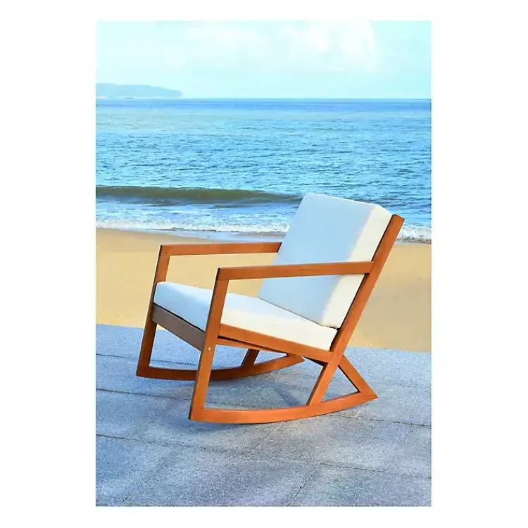 Outdoor Seating-Kirklands Home Eucalyptus Wood with Beige Cushion Rocking Chair Ivory