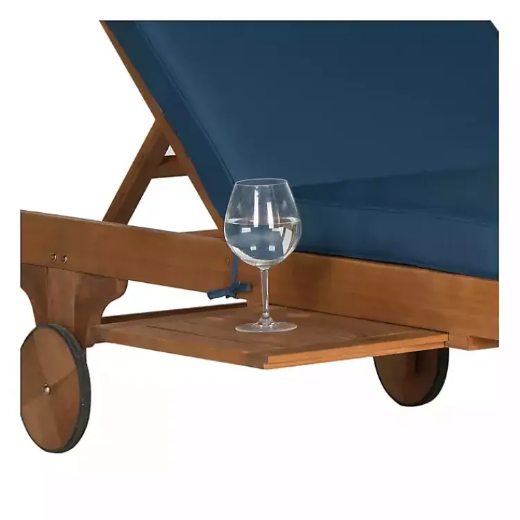 Outdoor Seating-Kirklands Home Natural Wooden Chaise with Table and Navy Cushion Blue