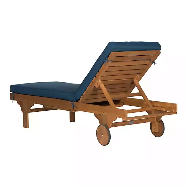 Outdoor Seating-Kirklands Home Natural Wooden Chaise with Table and Navy Cushion Blue