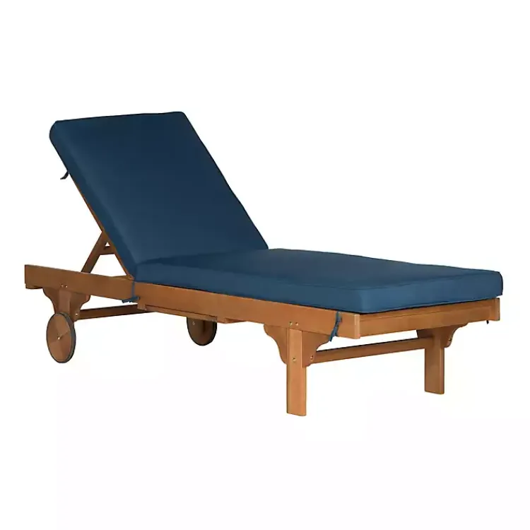 Outdoor Seating-Kirklands Home Natural Wooden Chaise with Table and Navy Cushion Blue