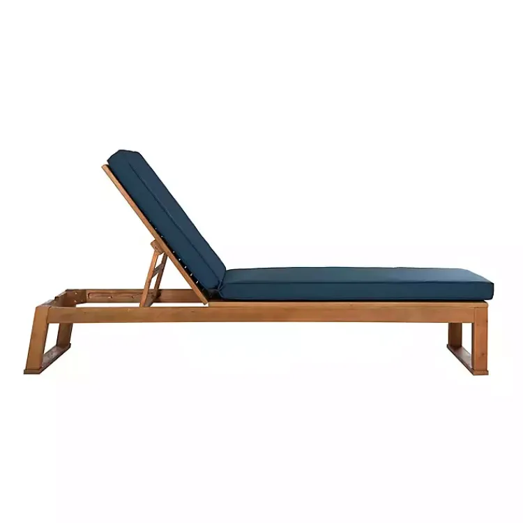 Outdoor Seating-Kirklands Home Natural Wooden Chaise with Navy Cushion Blue