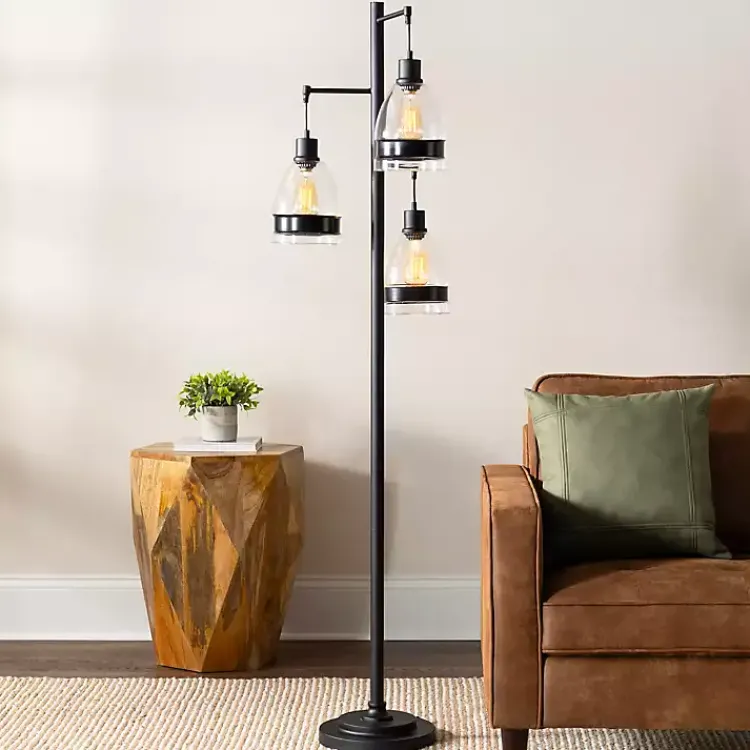 Floor Lamps-Kirklands Home Black Metal and Glass Globe 3-Arm Floor Lamp Clear