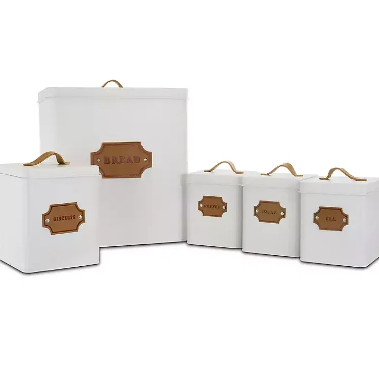 Kitchen Storage-Kirklands Home Metal Square Label Badge Canisters, Set of 5 White